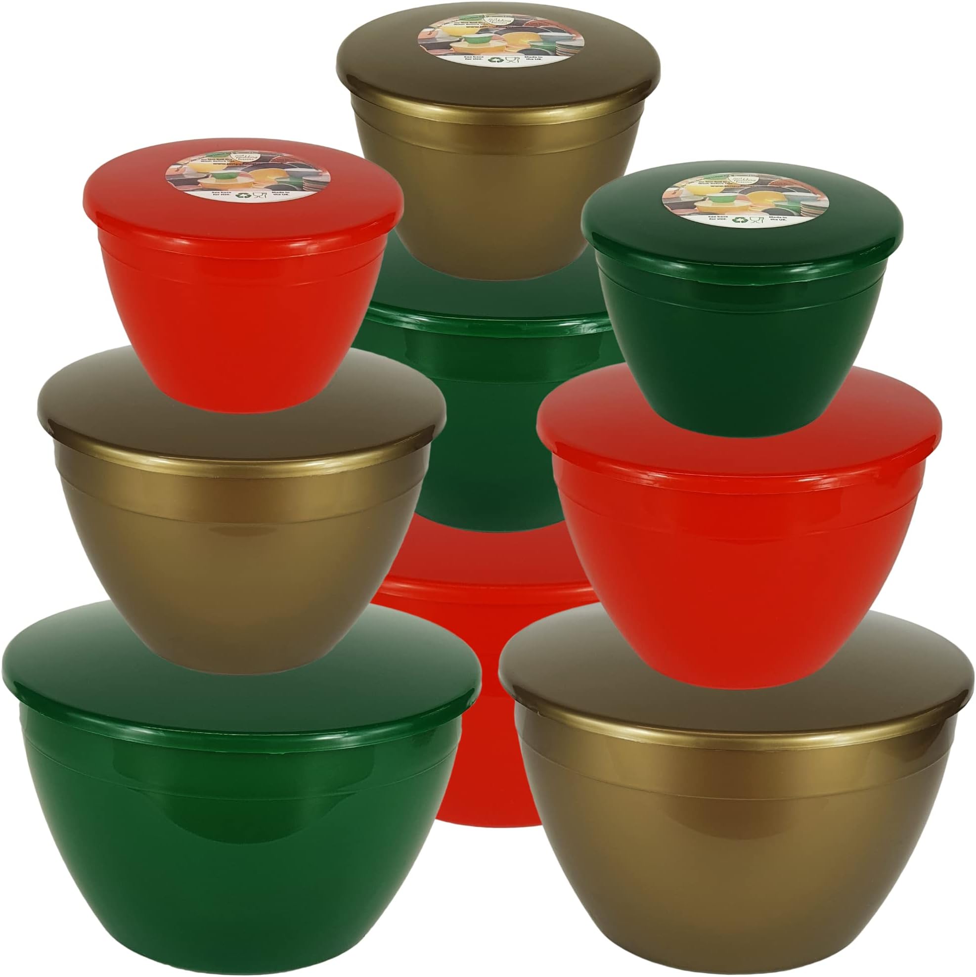 Just Pudding Basins 9 Christmas Pudding Basin Bowls and Lids Sizes 20, 40 and 60 fl oz in 3 Festive Colors Red, Xmas Green and Gold