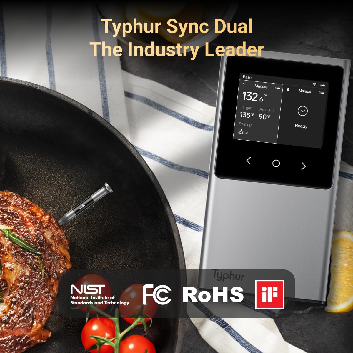 Typhur Sincronizzazione WiFi Wireless Carne Termometro Digitale, 2 Sonde, Base Intelligente, Display LCD, Portata illimitata, Bluetooth 5.4, Migliore Stabilità, Precisione Certificato NIST, BBQ, Grill