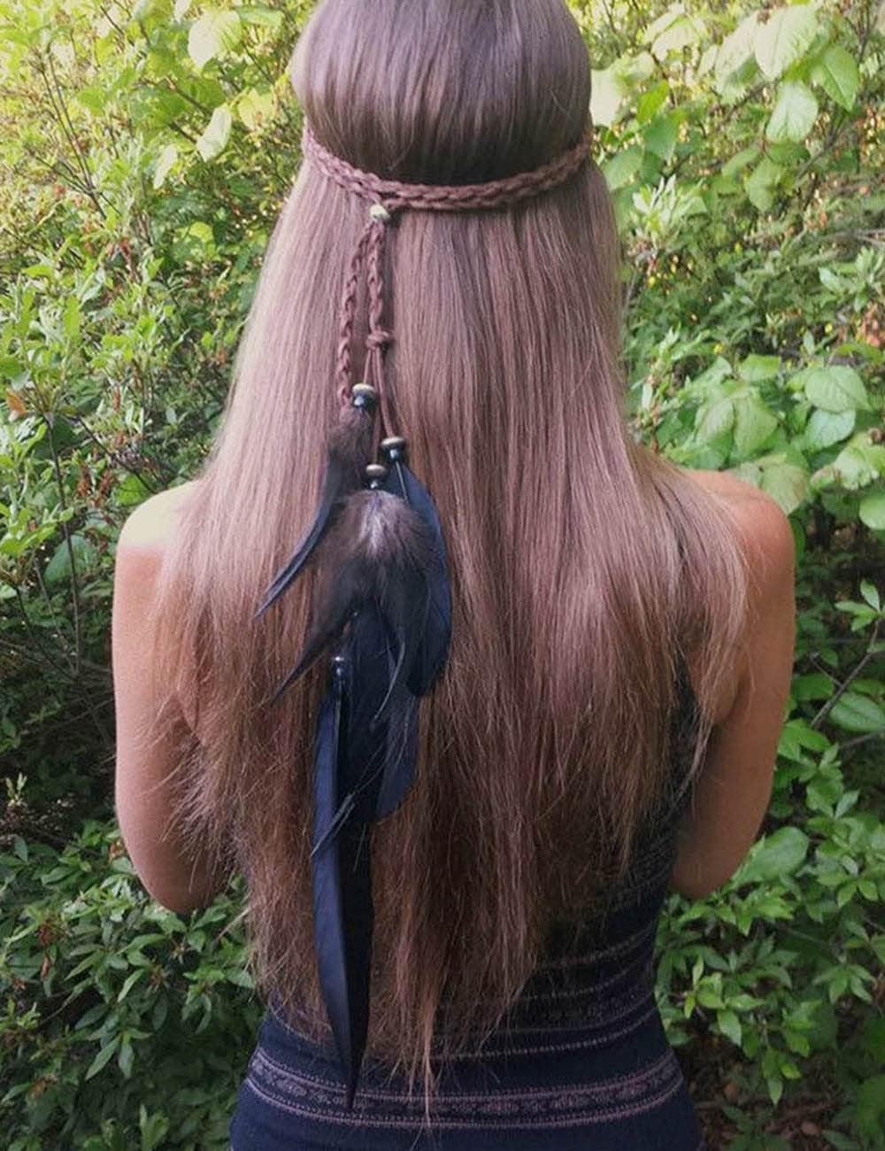 Jumwrit Bohemian Feather Headband Hippie Gypsy Headpiece Black Feather Tassel Headdress Adjustable Hemp Rope Beaded Hairband Indian Hair Accessories for Women and Girls Festival Party Decoration