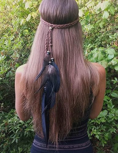 Jumwrit Diadema de plumas bohemias, tocado gitano hippie con plumas negras, tocado de borla ajustable cuerda de cáñamo con cuentas, accesorios para