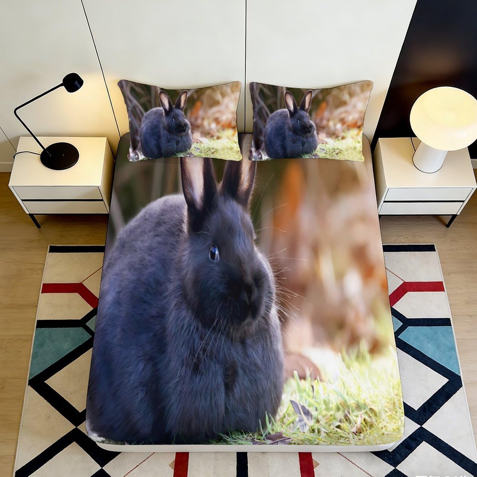 Uxinyoume Style-1 3D Printed Black Rabbit Fitted Sheet Microfiber Soft Breathable Meadow Bed Cover For Bedroom Dorm Mattress Protection Decor 90X200x25cm