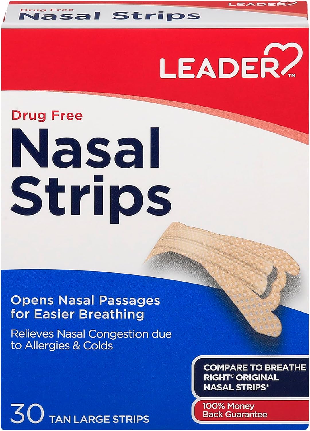 LEADER Nasal Strips Tan Large, 30 Count per Box Reduces Snoring and Improves Breathing (4 Boxes)