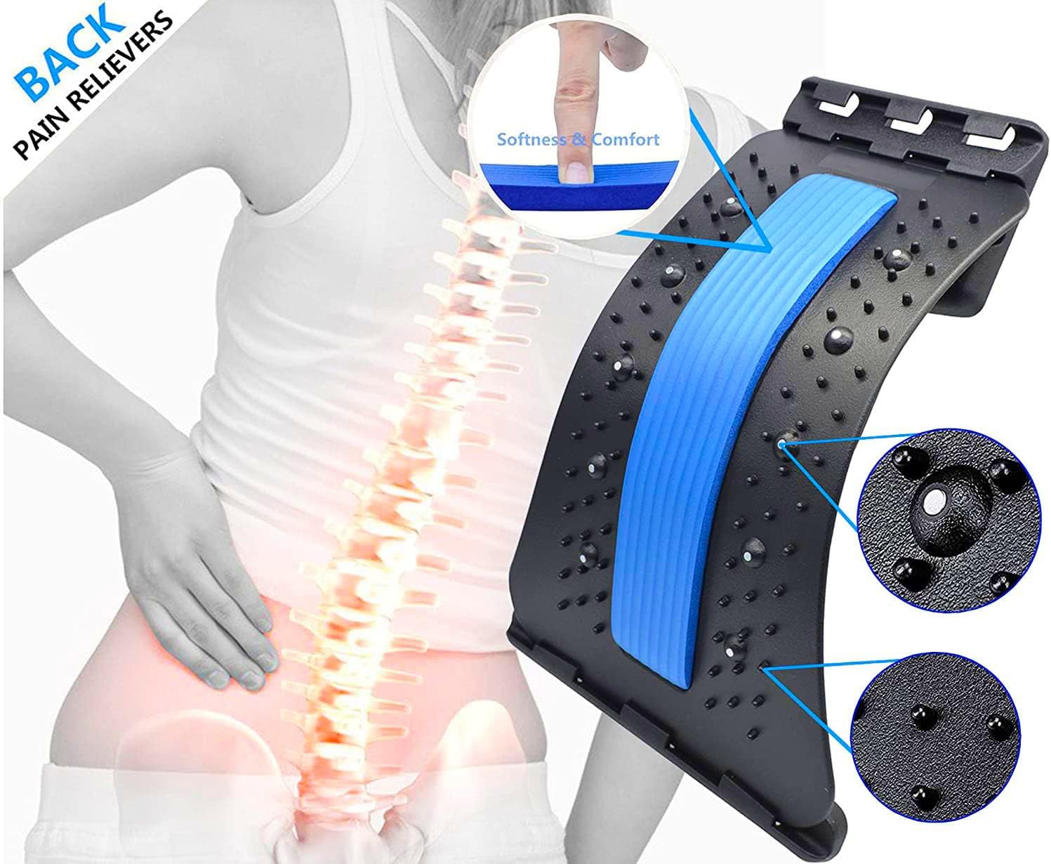 Back Stretcher, Back Cracker, 4-Level Lower Back Pain Relief Products - Black/Blue