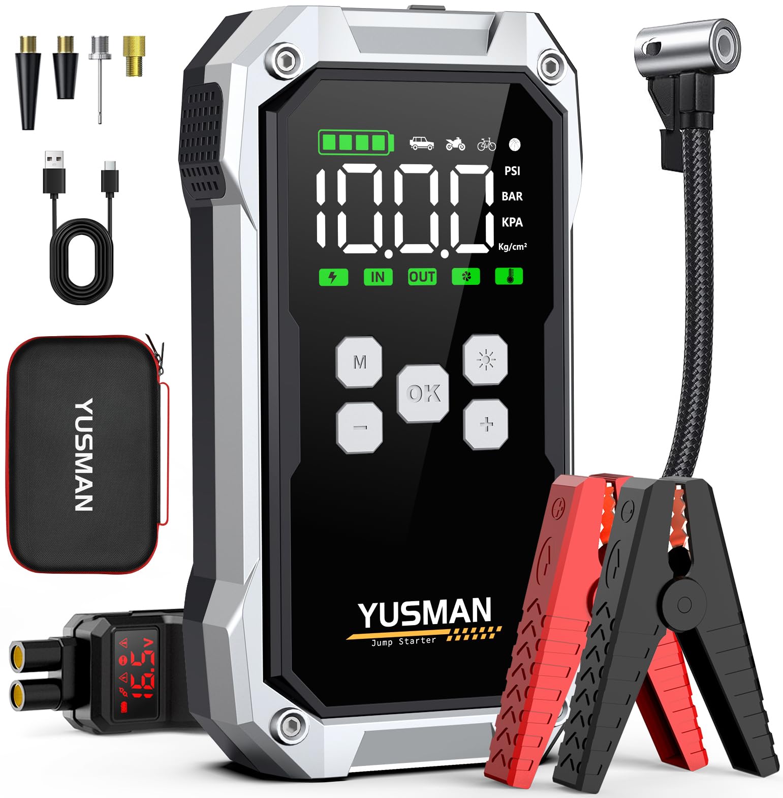 Booster Batterie Voiture 9000A, 160PSI Gonfleur Pneus Voiture, 12V Car Battery Jump Starter(Tous Gaz/Essence & 10L Diesel), Pinces Sécurité Intelligentes, LED