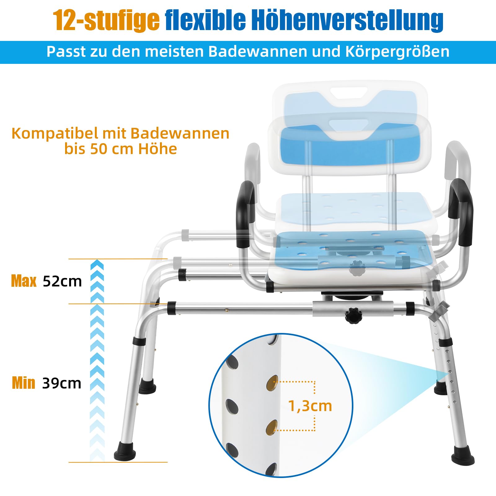 360°Drehbarer und Gleitbarer Duschhocker für Senioren,Duschhocker & Badewannen-Transferbank mit Drehsitz & Gleitfunktion-Höhenverstellbar, Gepolsterte Armlehnen & rutschfeste Füße (180 kg)