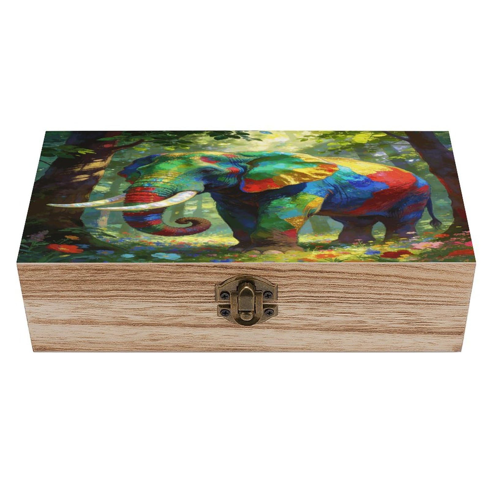 LZQPOEAS Colorful Forest Elephant Wooden Keepsake Box Wooden Storage Box Container with Hinged Lid Beautiful Wood Memory Box Decorative Jewelry Case for Crafts Art Hobbies & Trinket Storage