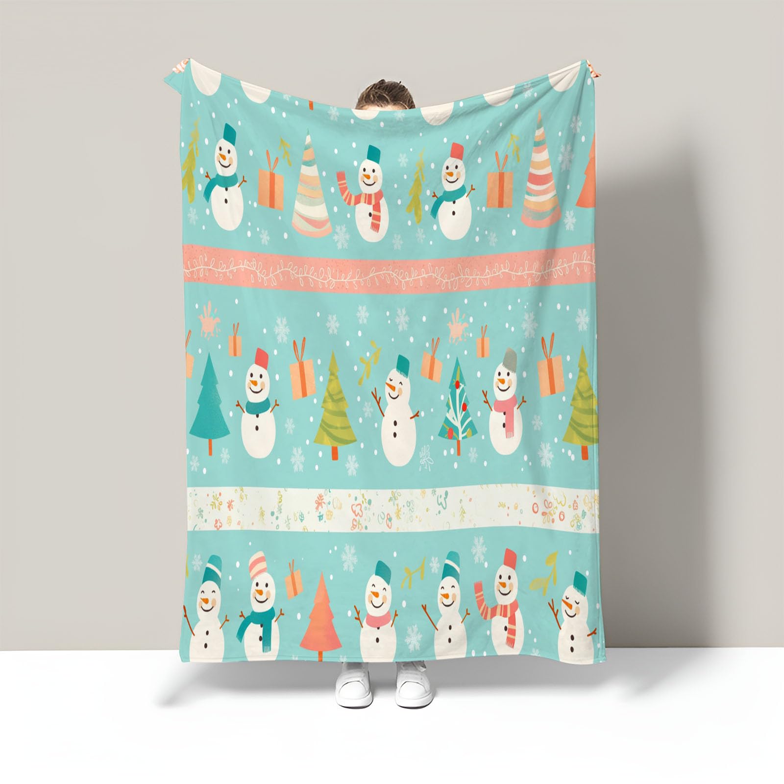 Manta De Franela Pino Muñeco De Nieve De 230X270Cm, con Estampado De Rayas Navideñas, Verde Salvia Cálida Suave, Lavable Cómoda Colcha De Cama De Fácil Cuidado para Sofá, Sofá Viajar