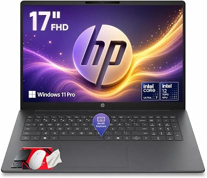 HP 17 Inch AI FHD Laptop Intel Ultra 7 255U 32GB 1TB WiFi 7 Win 11 Pro | 17.3 IPS Anti-glare Display, Bluetooth 6.0, Backlit KB, Intel AI Boost 12 TOPS NPU, Copilot Key, Fast Charge, Mica Silver