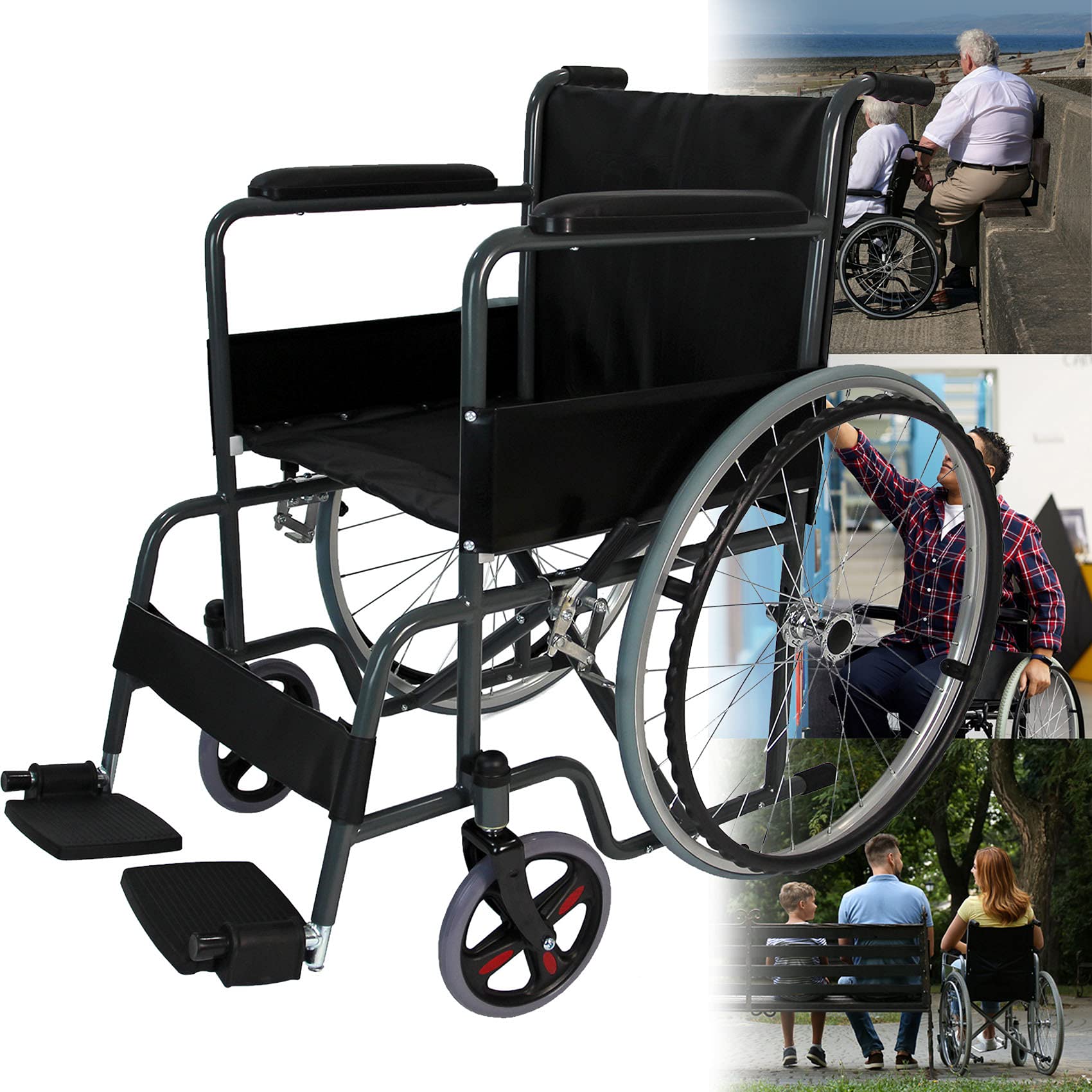 Self-Propelled Wheelchair, Lightweight Folding Wheelchair with Padded Armrest, Footrest, Brake, and VAT Exempt