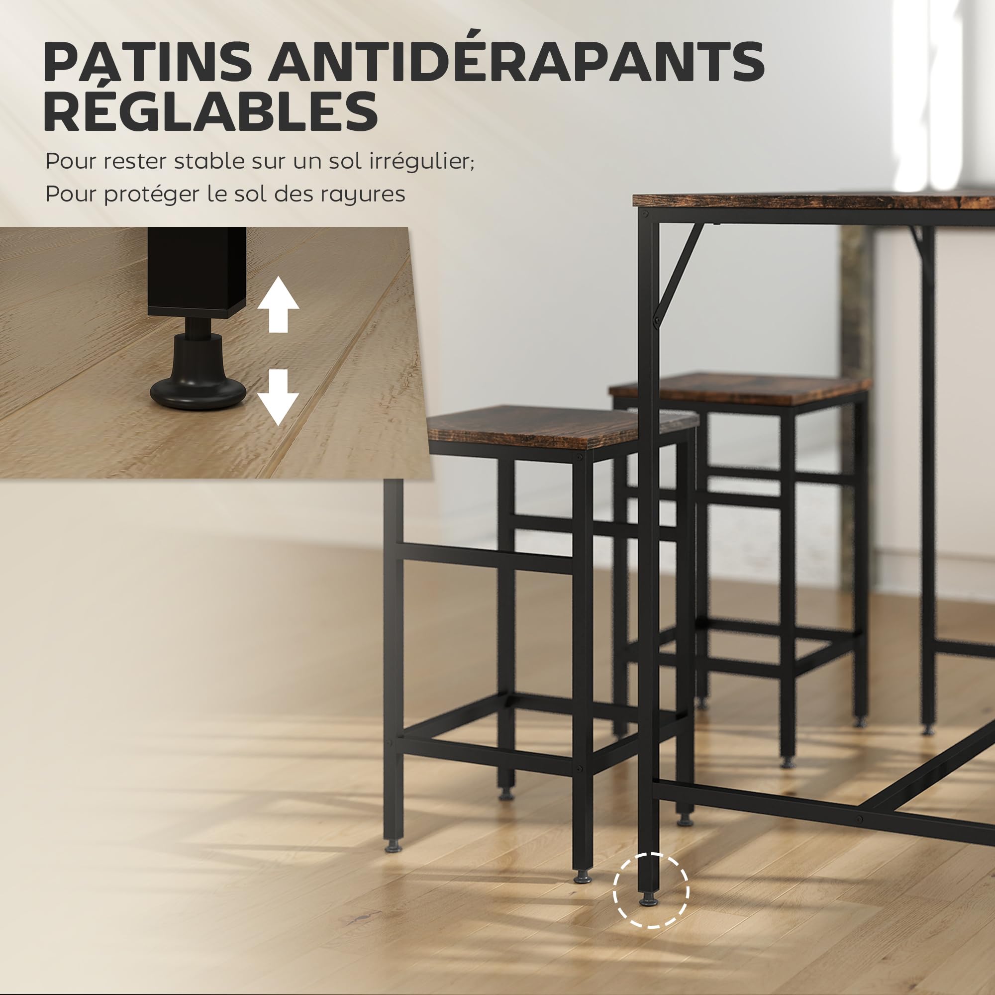 HOMCOM Ensemble Table de Bar Industriel + 4 tabourets Repose-Pieds en Bois Couleur Chêne Cadre en métal Noir