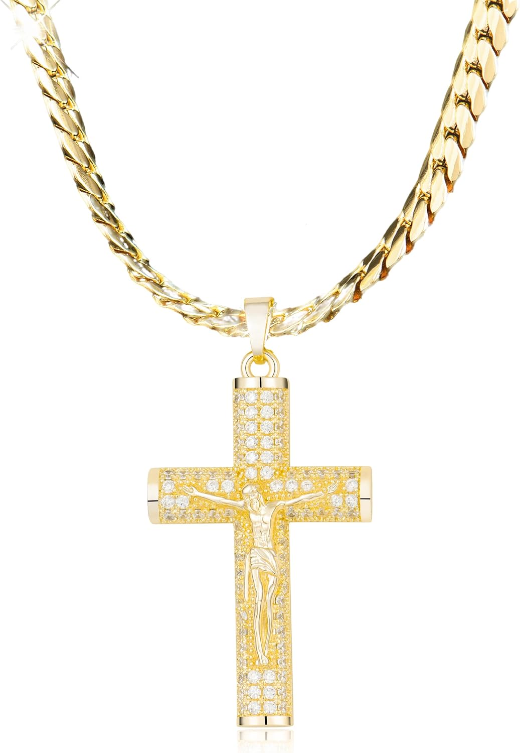 14k Gold-Plated Cuban Figaro Chain with Jesus Christ Crucifix, Cross Necklace for Men And Women,24 inches Long and 6mm wide