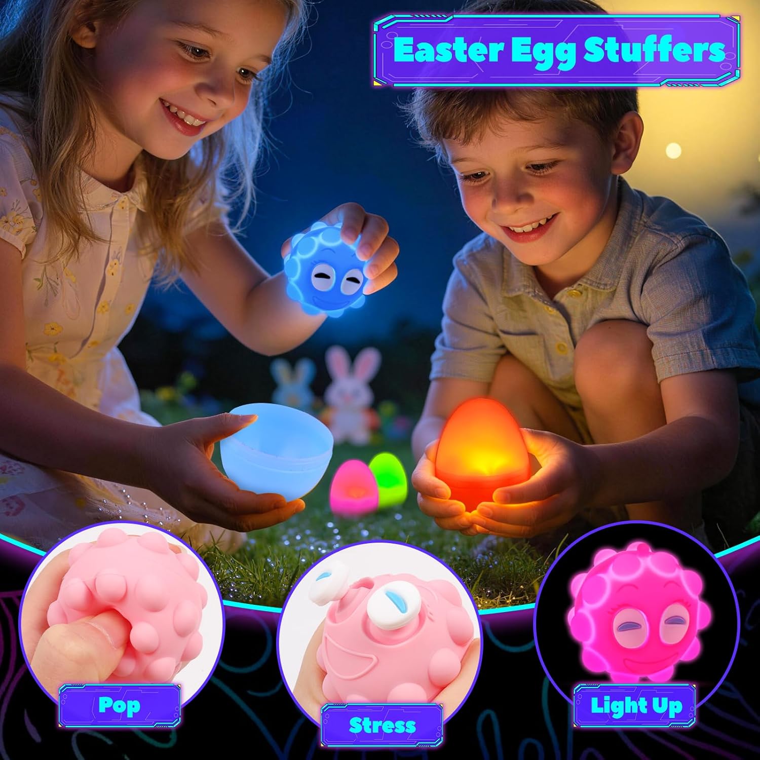 KissFree Easter Egg Fillers, Light Up Pop Ball Party Favors for Kids, Easter Basket Stuffers 3D Pop Fidget Ball Sensory Toys Bulk, Goodie Bag Stuffer, Classroom Prizes, Gifts for Boys & Girls