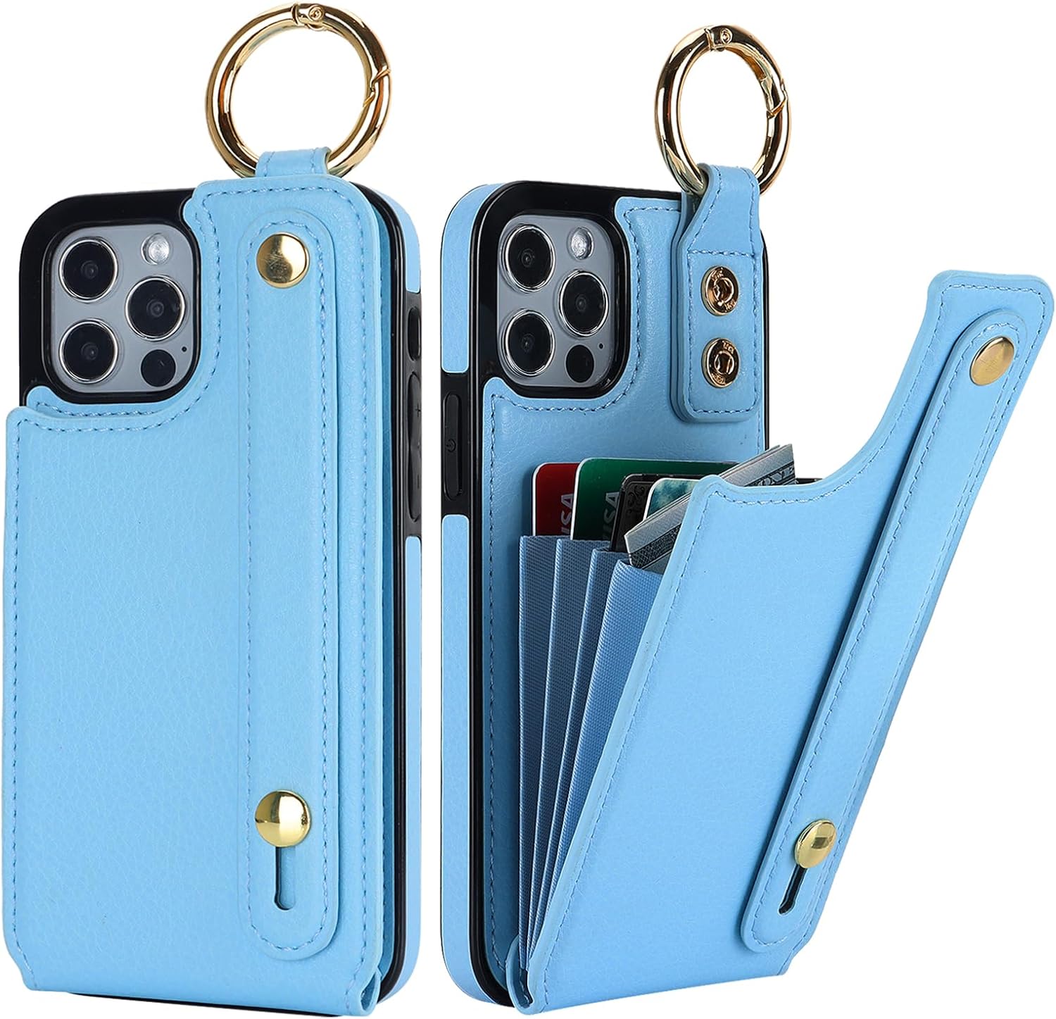 Folosu Funda tipo cartera para iPhone 1212 Pro con soporte para tarjetas, correa de mano para muñeca, soporte de bucle, bloqueo RFID, anillo de