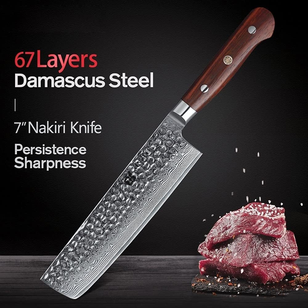 Meat Cleaver Knife, 7 inch Nakiri Knife Damascus Steel Stainlesss Steel Chinese Kitchen Knife Cleaver Cutting Meat Knife with Rosewood Handle