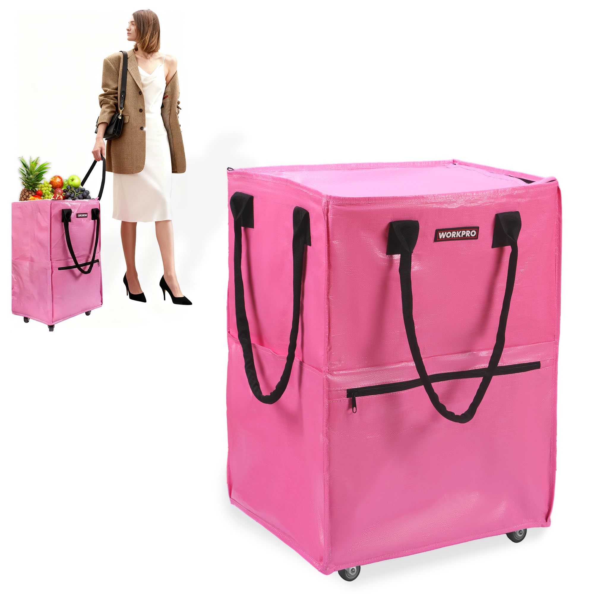 WORKPRO Medium Reusable Grocery Bag on Wheels, Heavy Duty Rolling Shopping Tote with Handle, Folding Trolley on 4 Caster Wheels for Groceries, Laundry