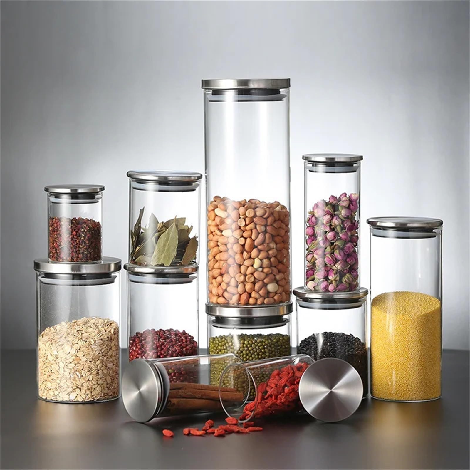 Vorratsglas FüR TrockenfrüChte 2 stücke Glas Kanister Edelstahl Abdeckung Gewürz Gläser Lagerung Tank Kaffee Bean Getrocknete Obst Lebensmittel Behälter Küche Zubehör FüR Kaffee Und Tee(65x100mm)