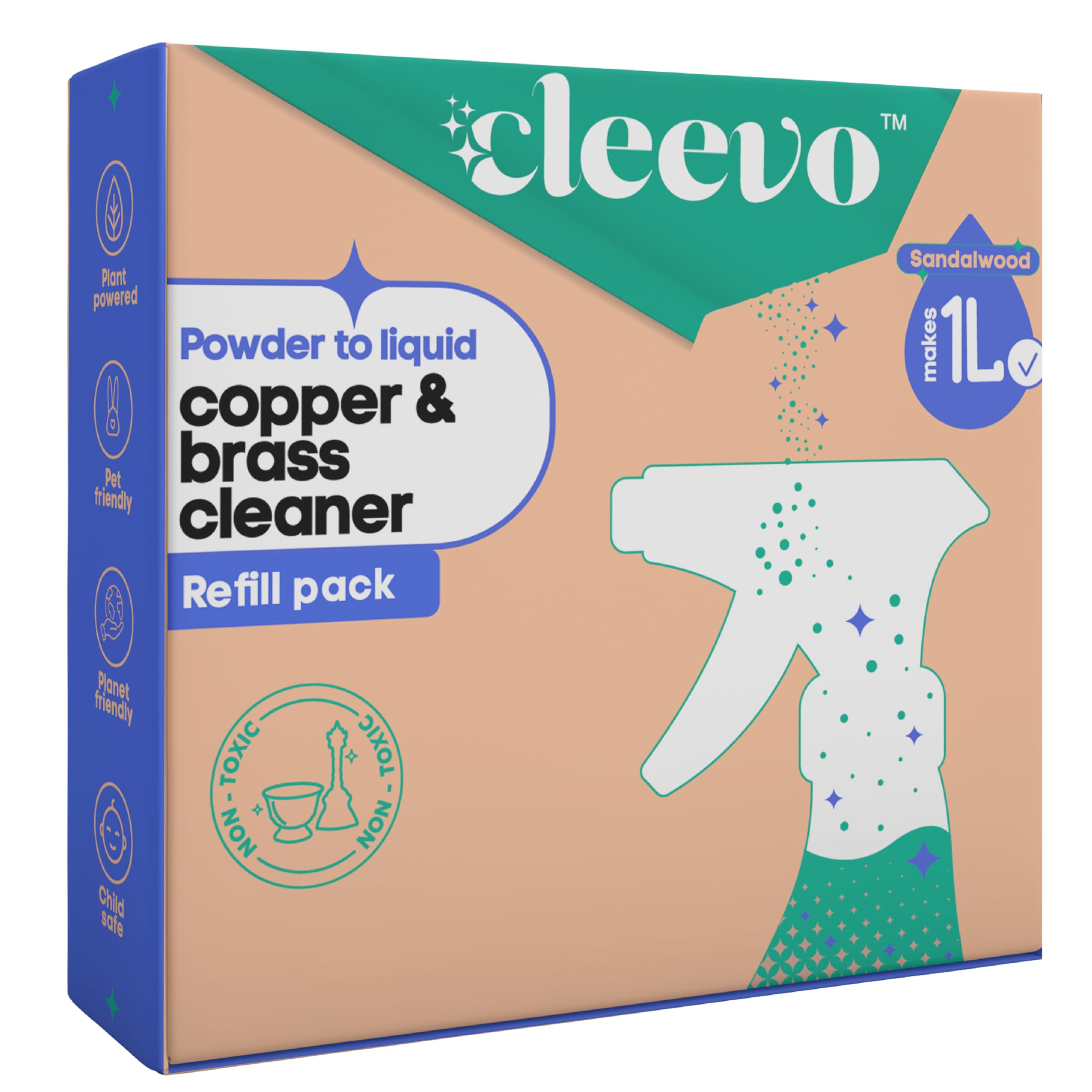 Cleevo Copper and Brass Cleaner, 1 litre refill pack, Non toxic Metal Cleaning Formula for Chrome, Copper, Brass, Bronze, Nickel and Stainless Steel, powder to liquid