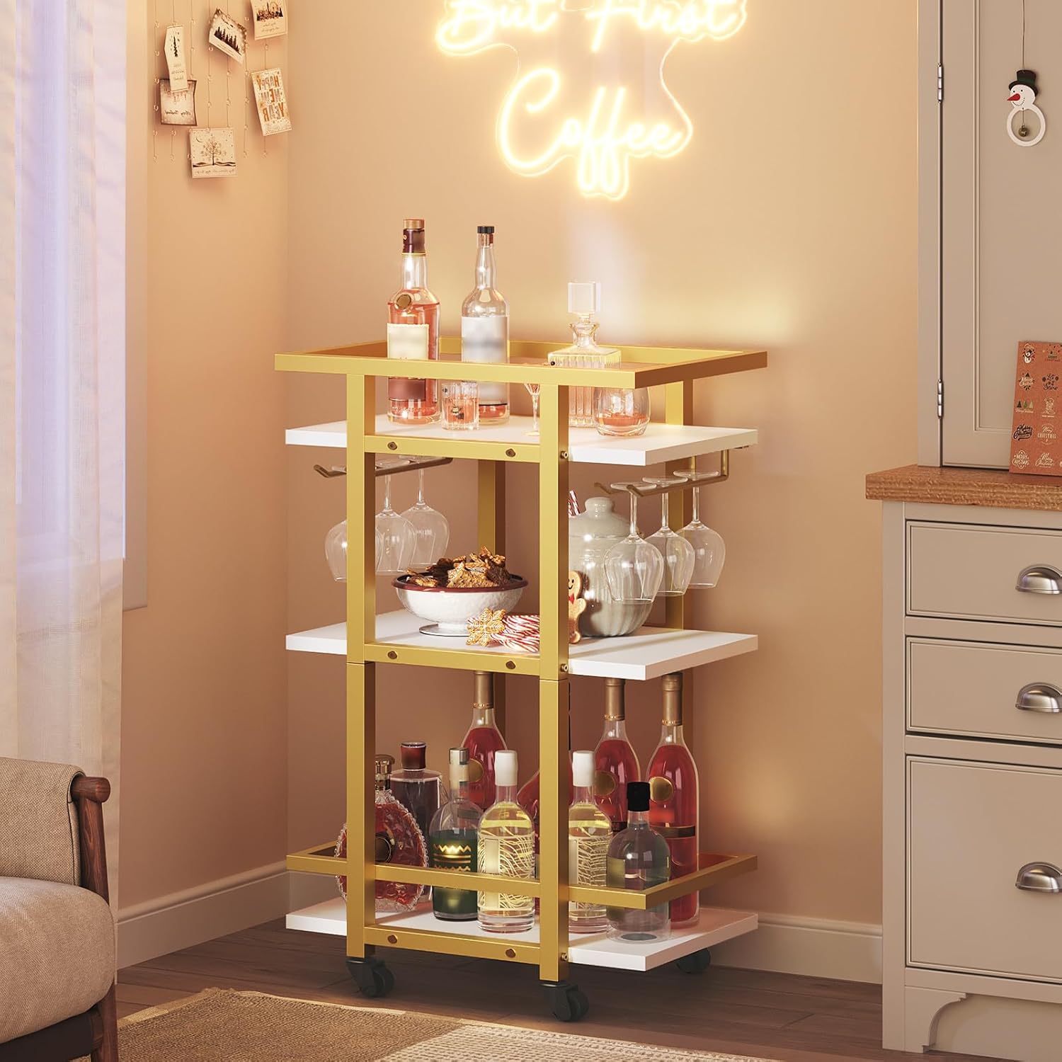 Coffee Bar Cabinet, Kitchen Island with Storage, 3 Tier Bar Cart, Home Bart Serving Cart with Glass Holders, KF22BR-BC09DW
