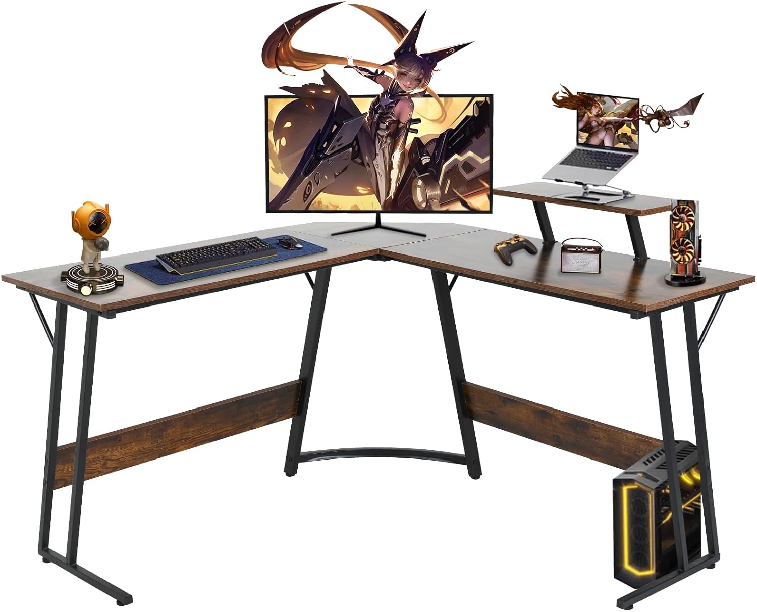 51 Inch L Shaped Gaming Desk Corner Computer Desk with Detachable Monitor Stand for Home Office Learning Gaming Workstation,Black