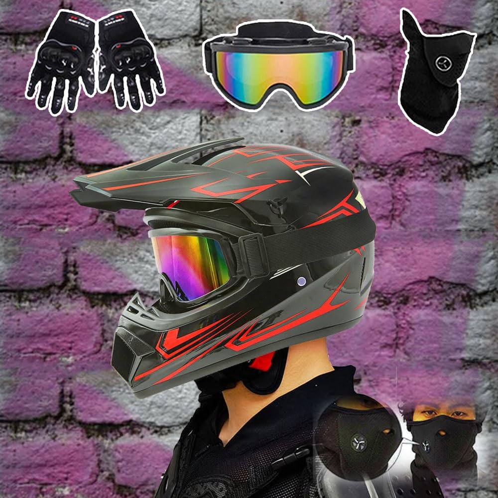 Casco da Motocross Per Bambini, Casco Integrale Mtb con Occhiali, Maschera E Guanti, Per Moto da Discesa Mx Dirt