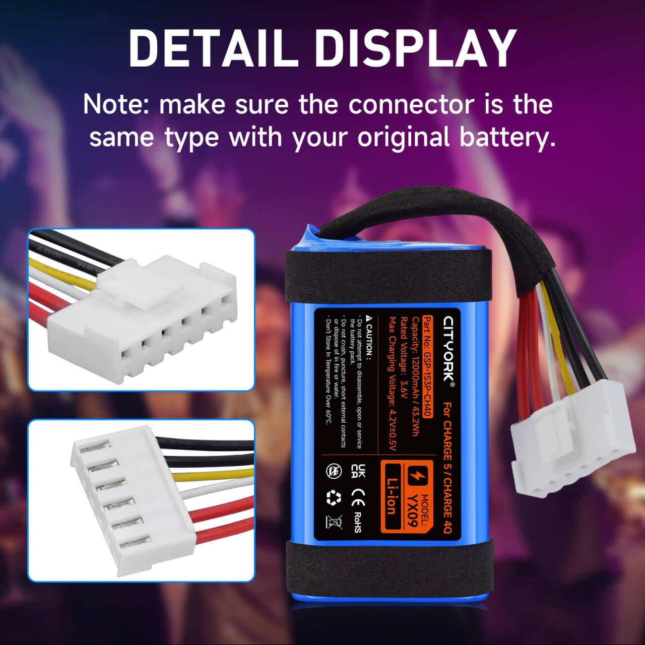 3,6V/ 12000 mAh Batteria di ricambio per JBL Charge 5, per altoparlante Bluetooth wireless JBL Charge 5, codice articolo GSP-1S3P-CH40, GSP-1S3P-CH4A, GSP-1S3P-CH4D (Not for JBL Charge 4)