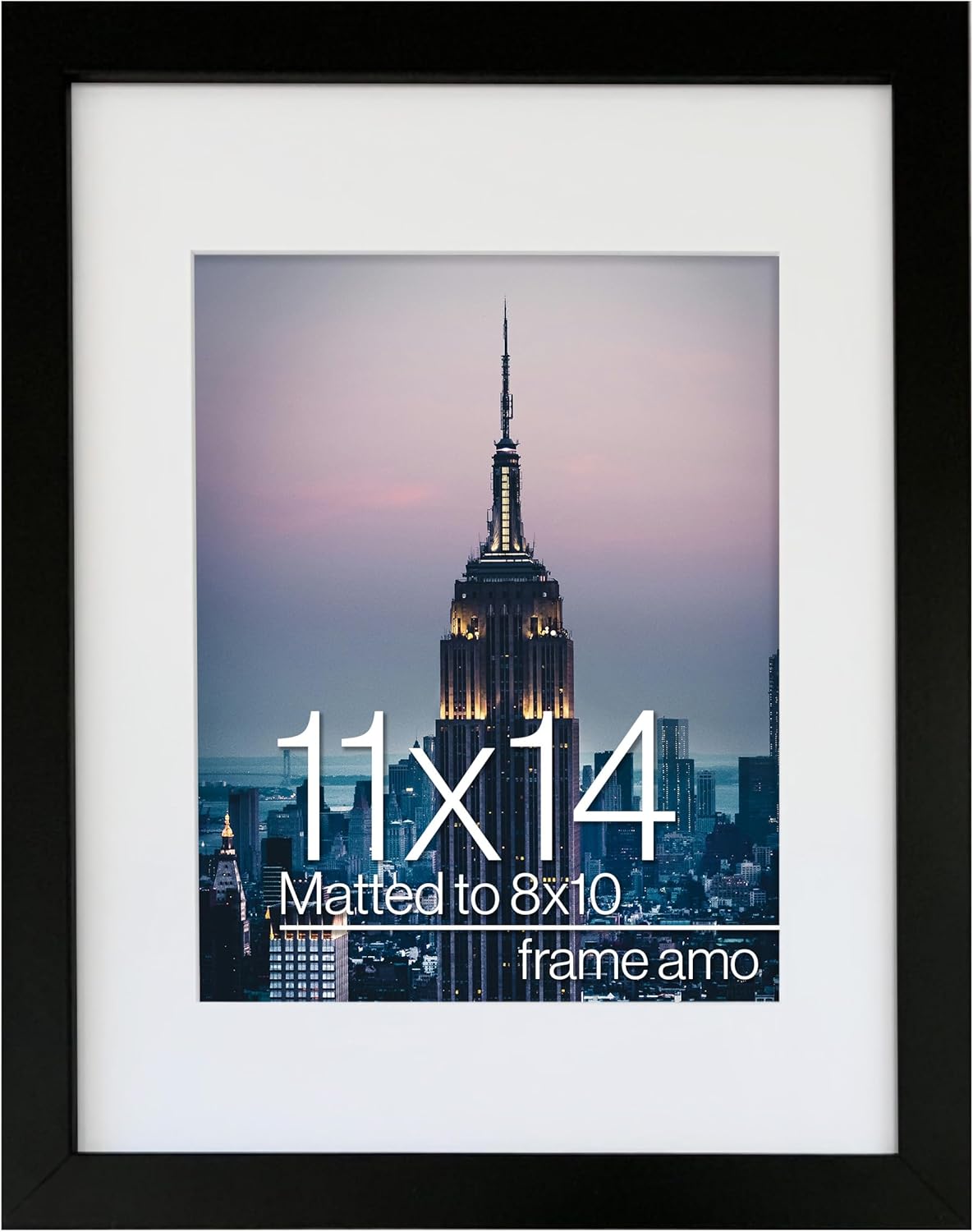 Frame Amo 11x14 Black Picture Frame with 7.5x9.5 White Mat Opening for 8x10 Image, 1 Inch Border, Acrylic Face, for Wall or Table Black 11x14