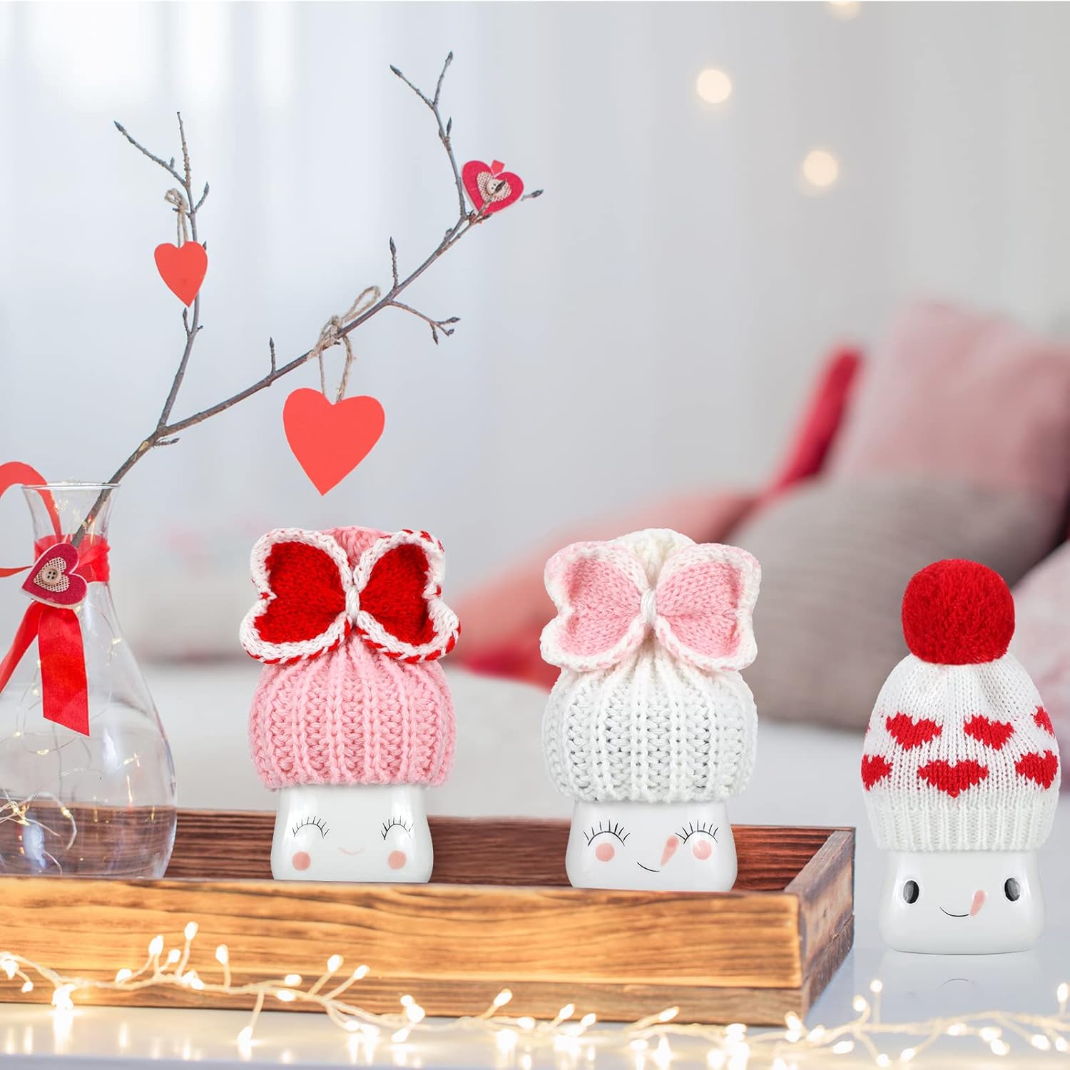 Skylety 4 Pieces Valentine's Day Marshmallow Mug Hats Crochet Mini Knitted Marshmallow Mug Topper for Home Kitchen Tiered Tray Decoration Valentines Coffee Cup Gift - Image 2