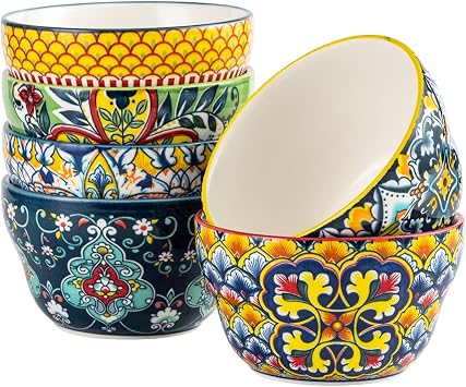 HENXFEN LEAD Bouillon Cups 8 Oz, Small Bowls for Dessert, Yogurt, Dips, Ice Cream, Dipping Sauce Bowls Set of 6, Microwave & Dishwasher Safe Bohemian Style