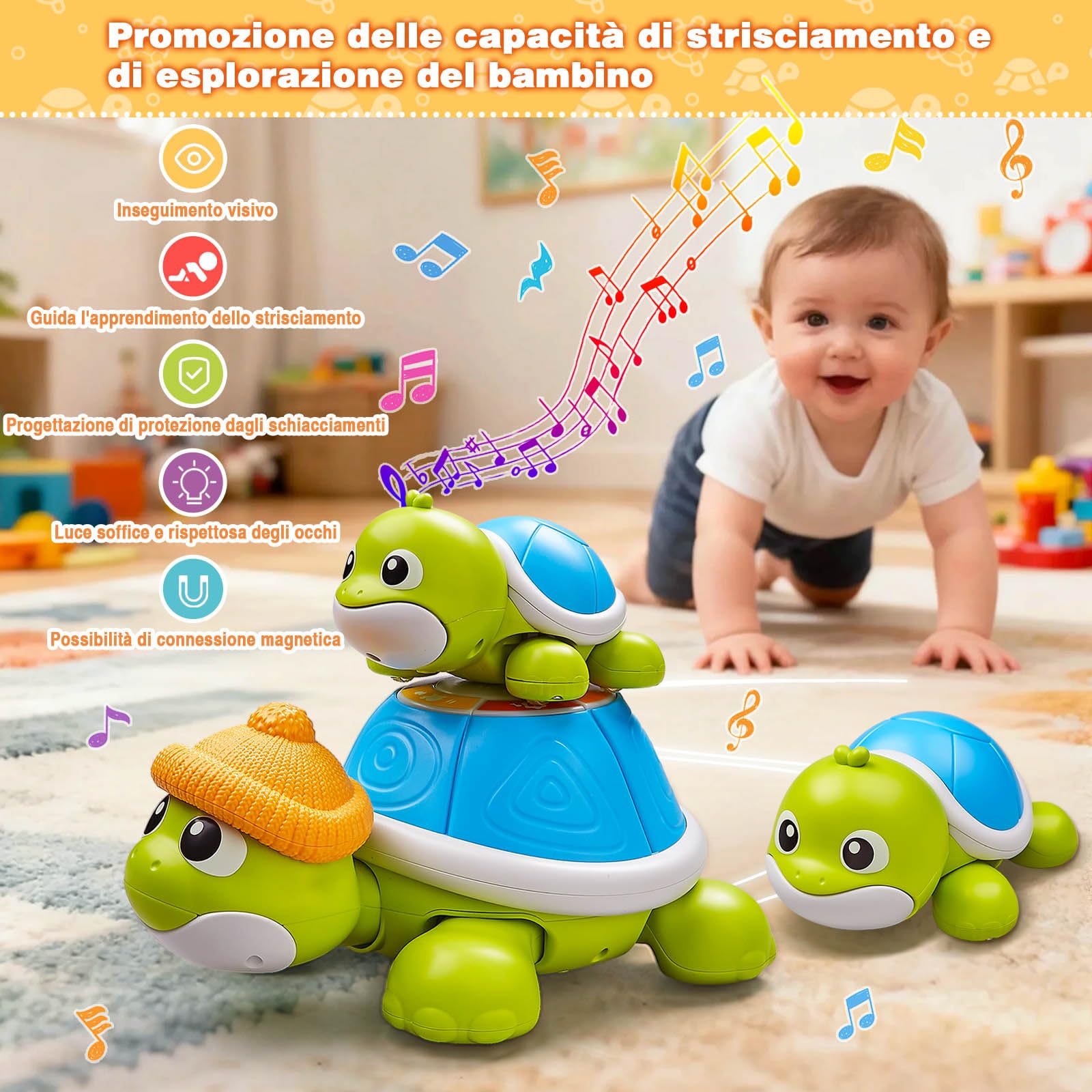 HILKKET Giocattolo strisciante per bebè, 3 pezzi, tartaruga che cammina con musica e luci, giocattolo per bambini 3-6-12 mesi regalo, 1 2 anni ragazza giocattoli di risveglio musicale, idea regalo per