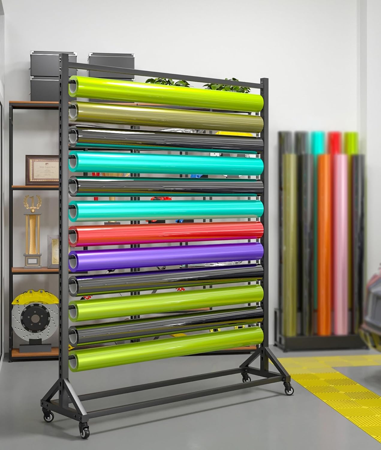 SOBS Commercial Car Color Change Vinyl Wrap Holder Window Film Display Rack for Garage Car Beauty Shop, Movable Wallpaper/Fabric Roll Storage Rack with 12 Adjustable Hanging Rod(107cm/42.1in)