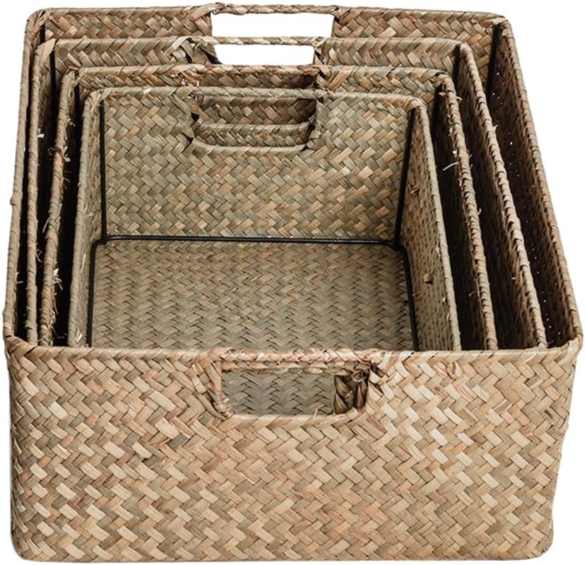 BESPORTBLE 4Pcs Seaweed Woven Storage Basket, Hand-Woven Rectangular Bin - Assorted Size Sundries Organizer with Handle for Clothing Toys Books Cosmetic