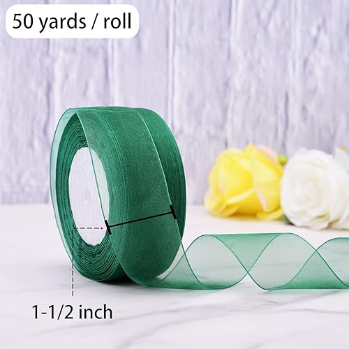 Miniatura 3 de Hapeper Cinta de organza transparente de 1 12 pulgadas, 50 yardasrollo (verde oscuro)