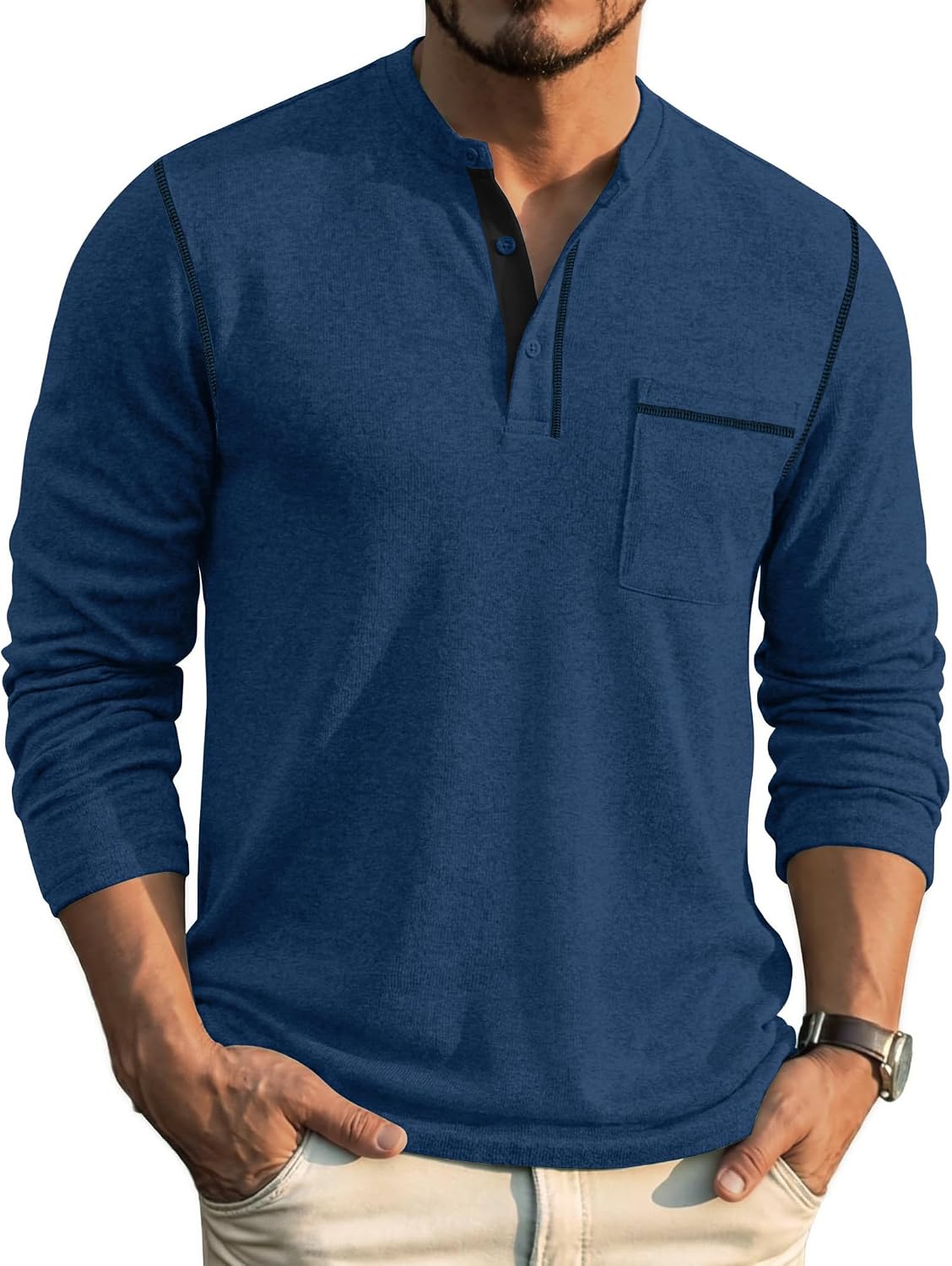 COOFANDY Men's Henley Long Sleeve Shirts Casual Button T-Shirt Pullover Basic Tees with Pocket