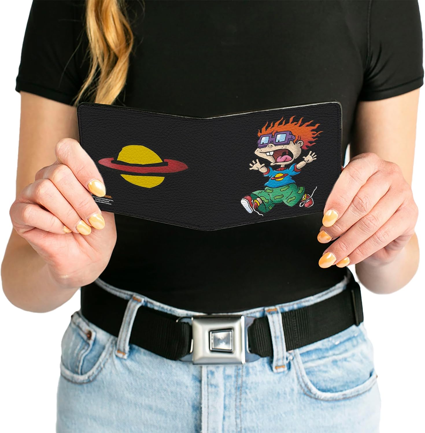 rugrats mens Buckle-down Pu Bifold - Chuckie Running Pose + Saturn Black Wallet, Multicolor, 4.0 x 3.5 US