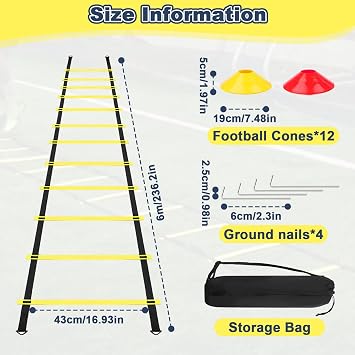 Football Training Equipment Set, Includes 6M Agility Ladder, 12 Disc Cones, 4 Stakes, Carry Bag, Speed Training for Kids, Football Accessories, Hurdles Rung Trainer Kit for Soccer, Basketball, Fitness