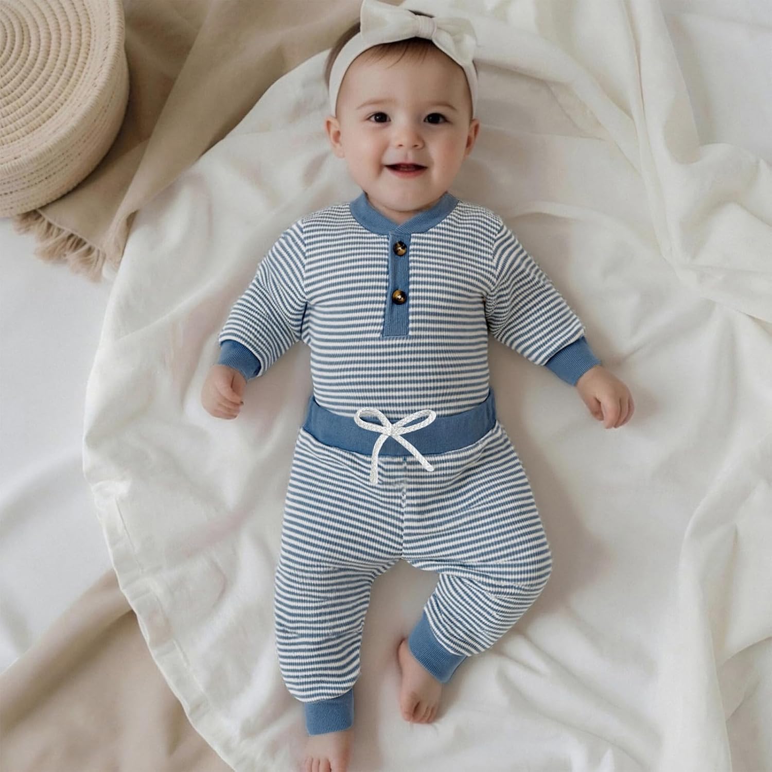 allshope Newborn Baby Boy Fall Outfit Romper Long Sleeve Solid Jumpsuit Bodysuit Elastic Waist Pants Infant Waffle Clothes - Image 6