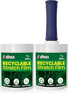 Adhes Recyclable Stretch Wrap Film 5 Inch x 1000 Feet, 2 Rolls with Handle, Heavy Duty Plastic Pallet Wrap for Moving, Packing, Shipping, Eco-Friendly, Tear Resistant, Self Adhering Clear Film
