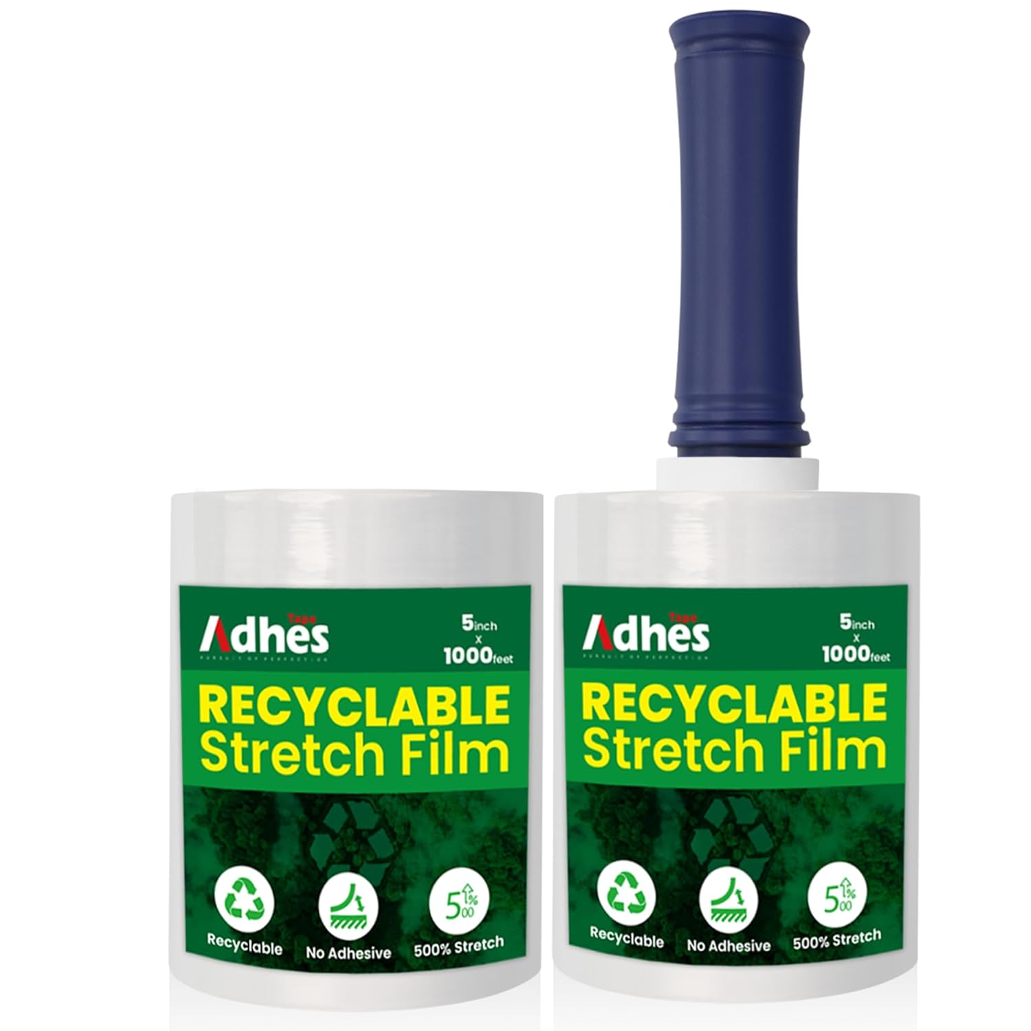 Adhes Recyclable Stretch Wrap Film 5 Inch x 1000 Feet, 2 Rolls with Handle, Heavy Duty Plastic Pallet Wrap for Moving, Packing, Shipping, Eco-Friendly, Tear Resistant, Self Adhering Clear Film