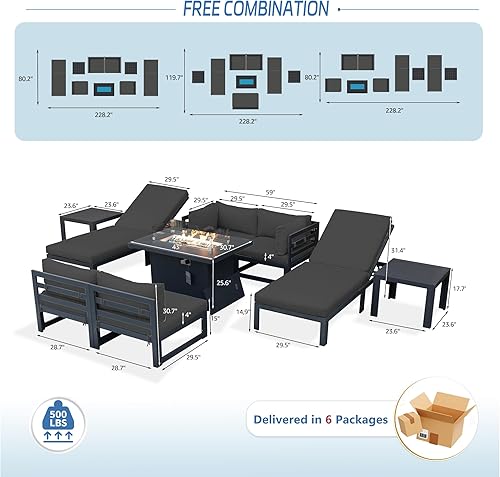 Miniatura 563 de NICESOUL 7 Piece White Powder-Coated Aluminum Patio Furniture with Fire Pit Table, 29 Inch Extra Wide Outdoor Sectional Sofa for 6, High-End Heavy