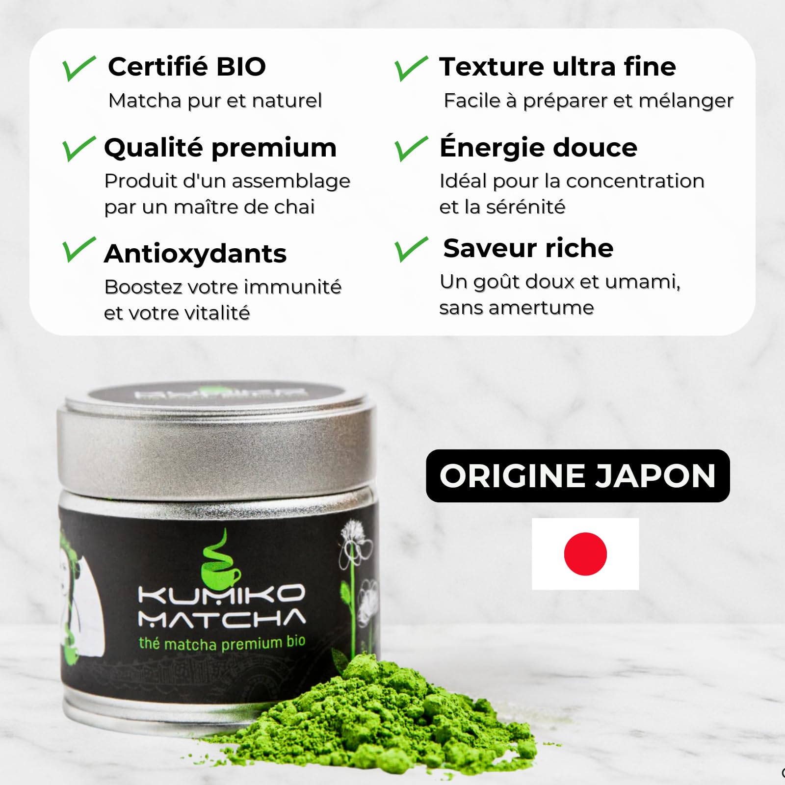 Thé Matcha Premium du Japon 30g Kumiko - Certifié Bio - Qualité de Cérémonie