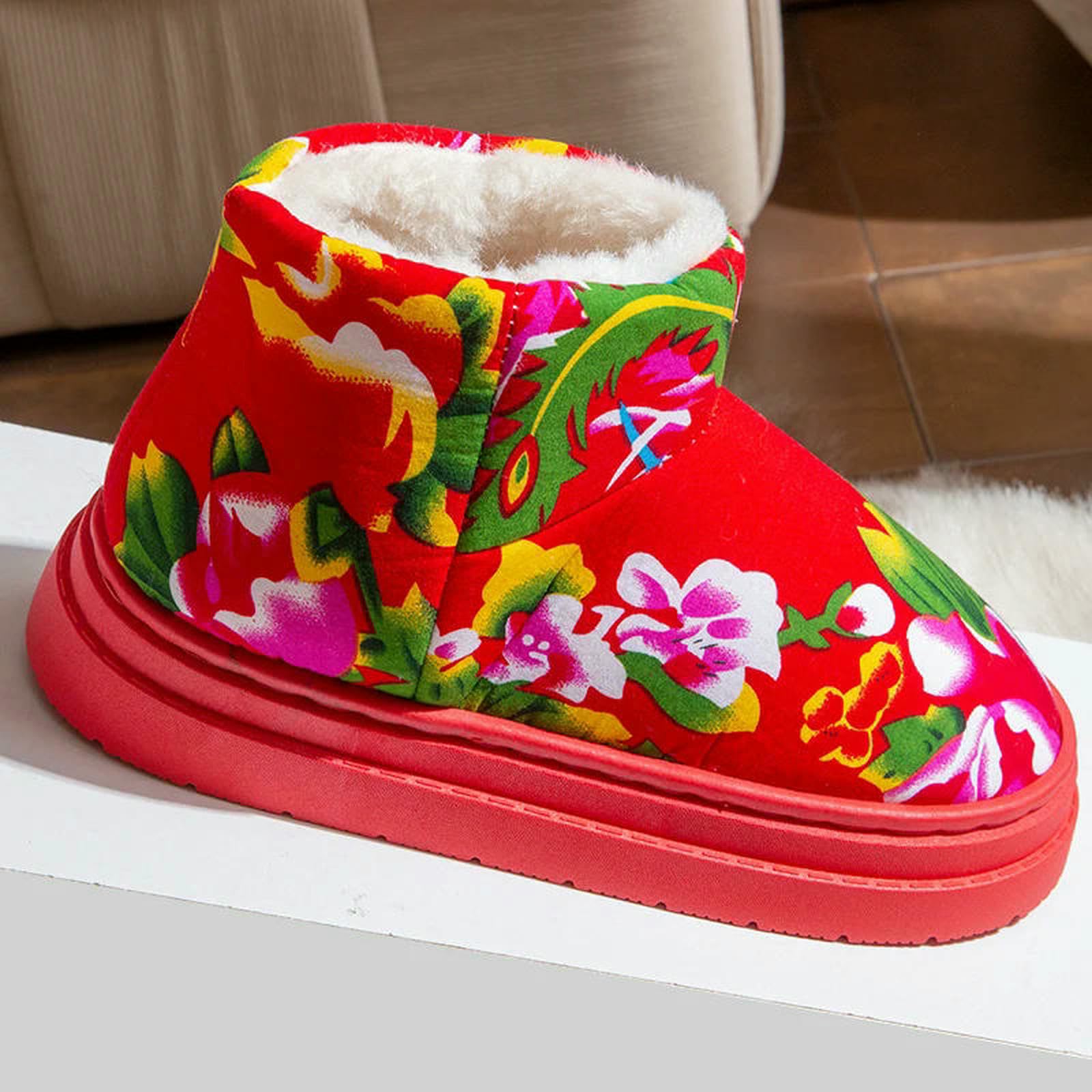Pantuflas Zapatillas De Invierno para Mujer, Zapatos Informales Plataforma Interior Y Exterior, Botines Deslizantes, Suaves Cálidos-rojo-38-39