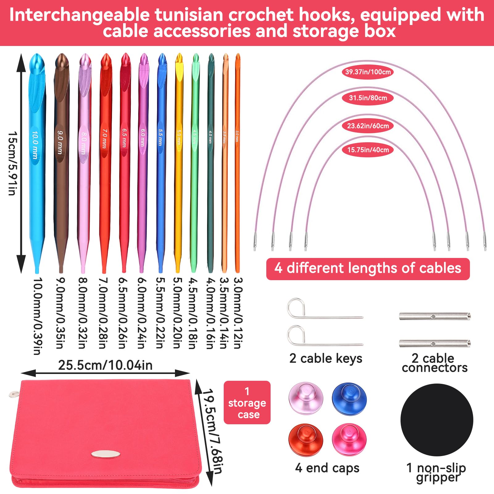 Set de ganchos de crochet tunecinos, ganchos de crochet intercambiables de aluminio colocados con cable de 12 piezas de 3 mm-10 mm con bolsa PU