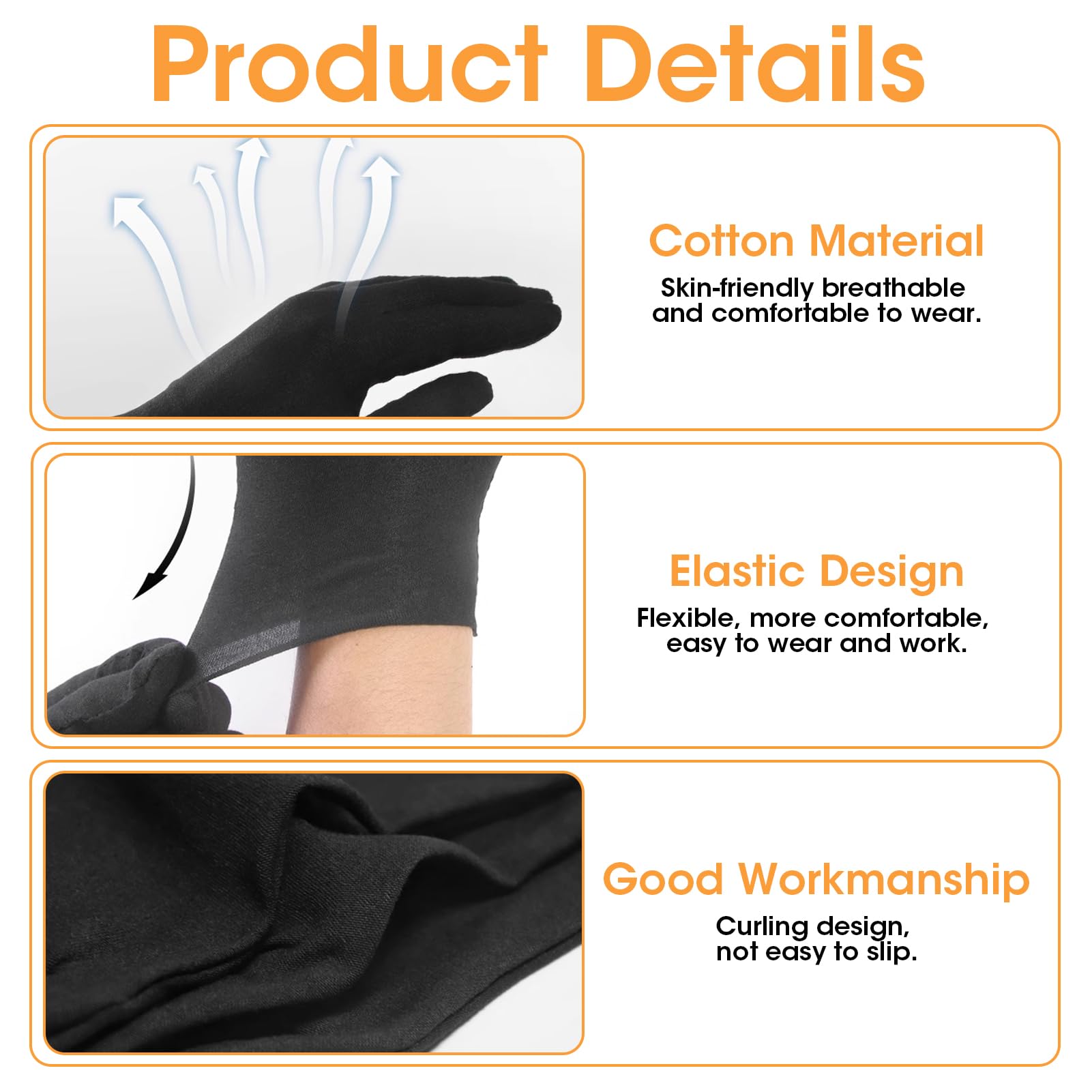 Guantes de Algodón Negros - 2 Pares, Finos para Joyas, Crema Hidratante de Manos