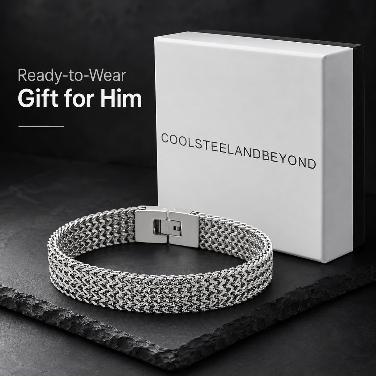 COOLSTEELANDBEYOND Men's Wide Stainless Steel Woven Mesh Bracelet, Flat Wheat Link Chain Jewelry, Industrial Masculine Fashion Gift for Him