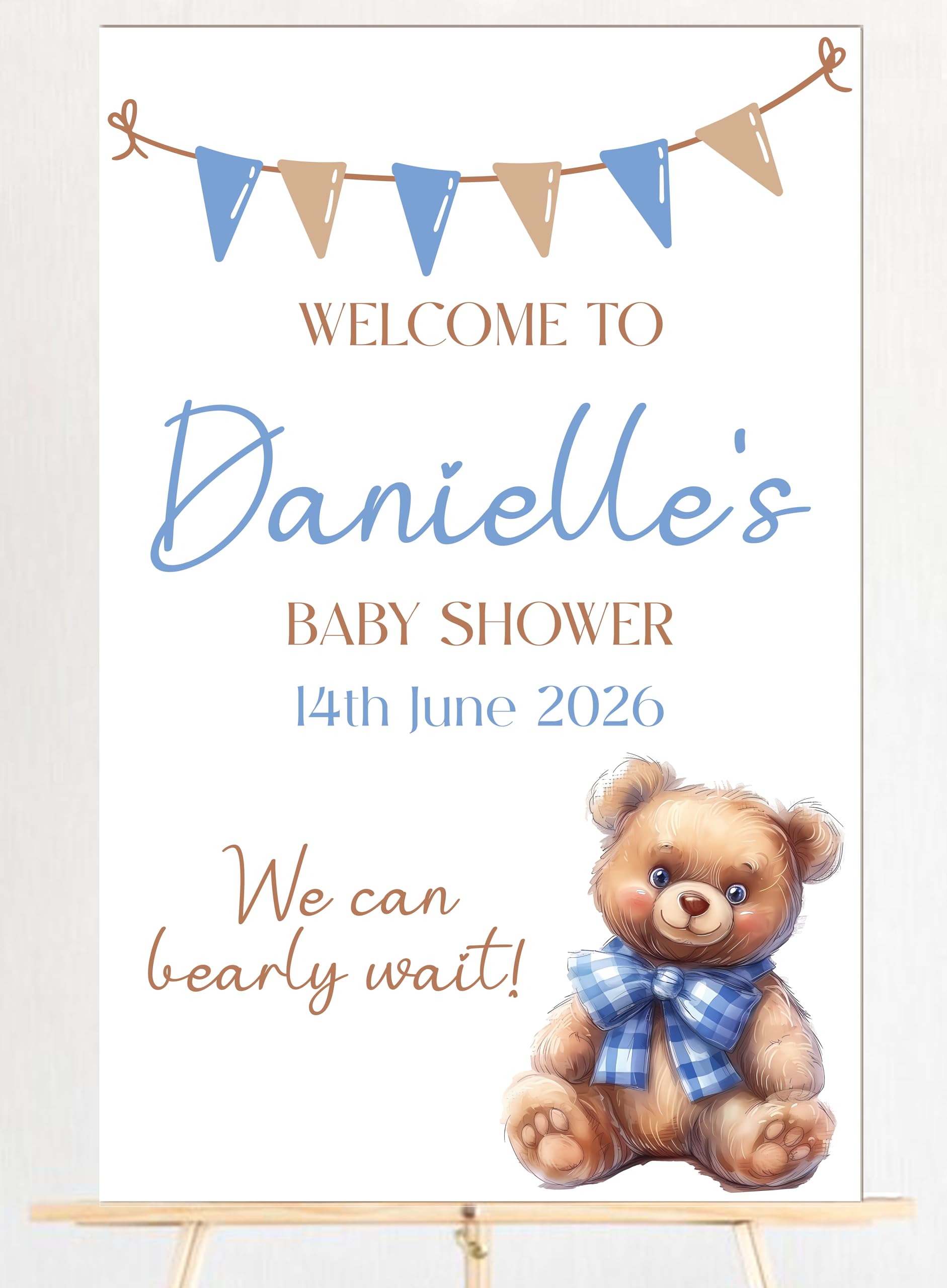 Personalised Baby Shower Welcome Board - Teddy Bear Theme - Customised Easel Plaque - Handmade Nursery Décor in Pink Blue or Brown Cute Teddies (Blue)