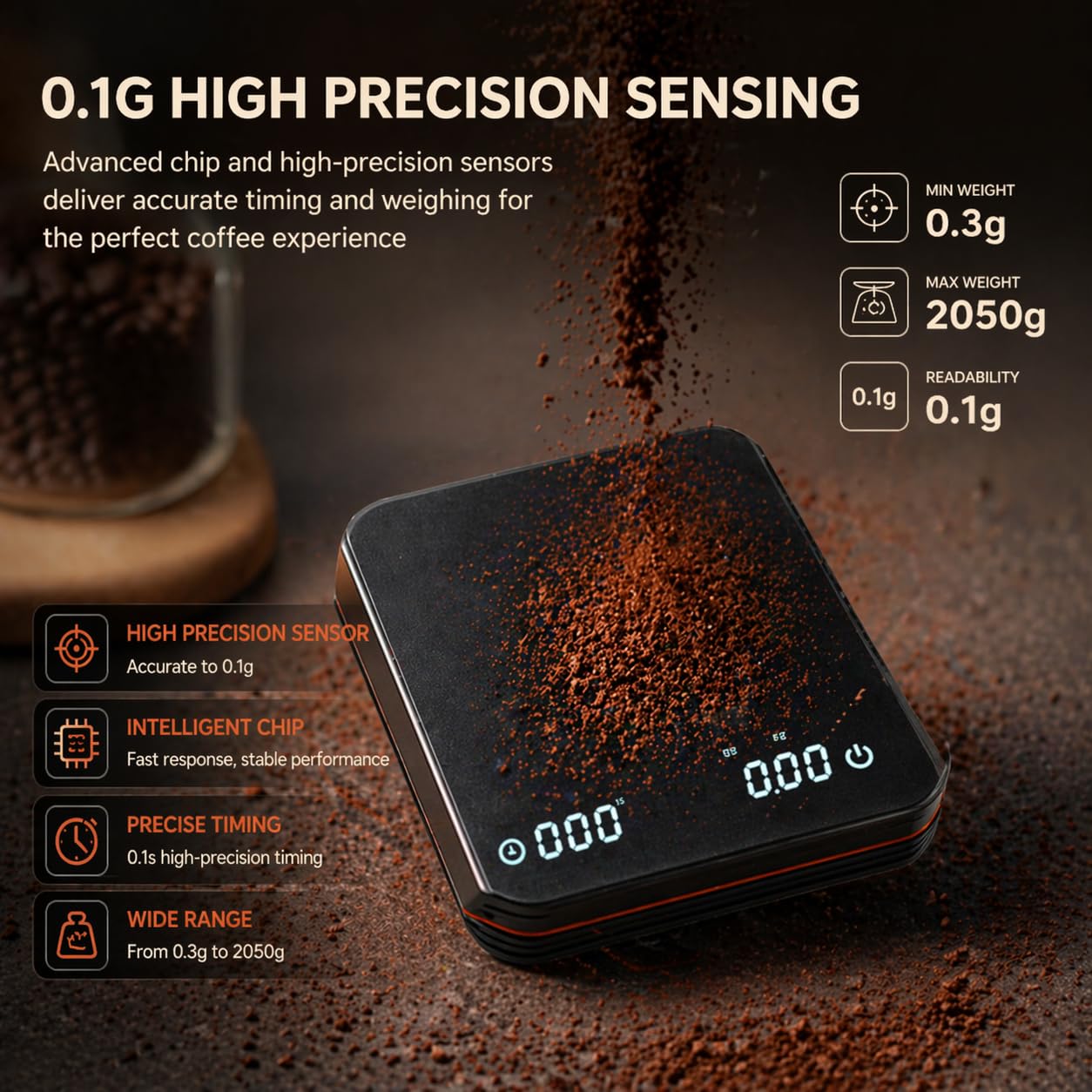 Báscula de café ultra mini con temporizador, báscula de bolsillo inteligente de ultra precisión de 2 kg/0,1 g, báscula digital recargable para espresso/café vertido/matcha, báscula digital portátil de