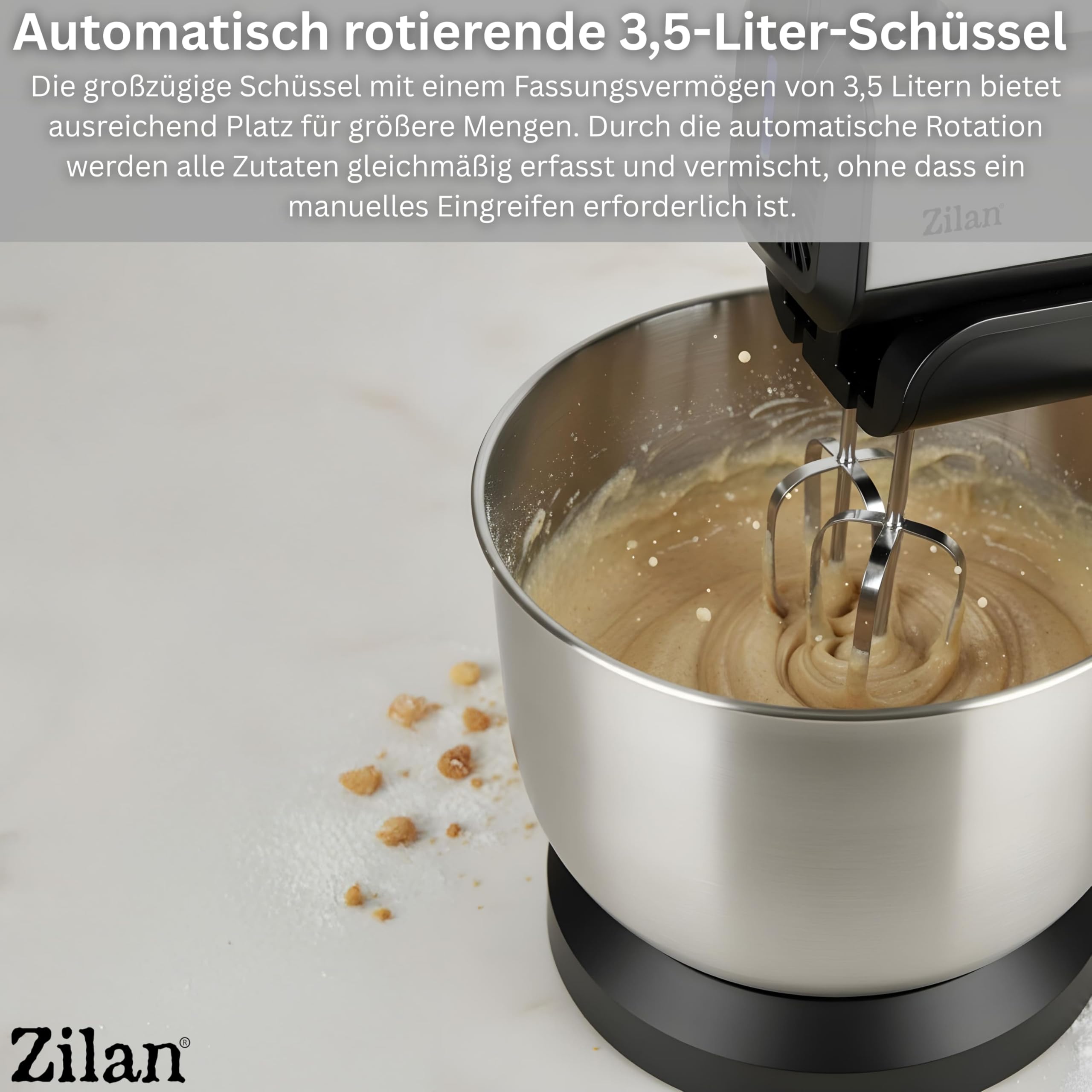 Handmixer mit Rührschüssel 500W – Elektrischer Handrührer mit 3,5 L Edelstahl-Schüssel Knetmaschine automatischer Rotation, 5 Stufen, Turbo 2x Rührhaken & Knethaken Küchenmixer Teigknetmaschine