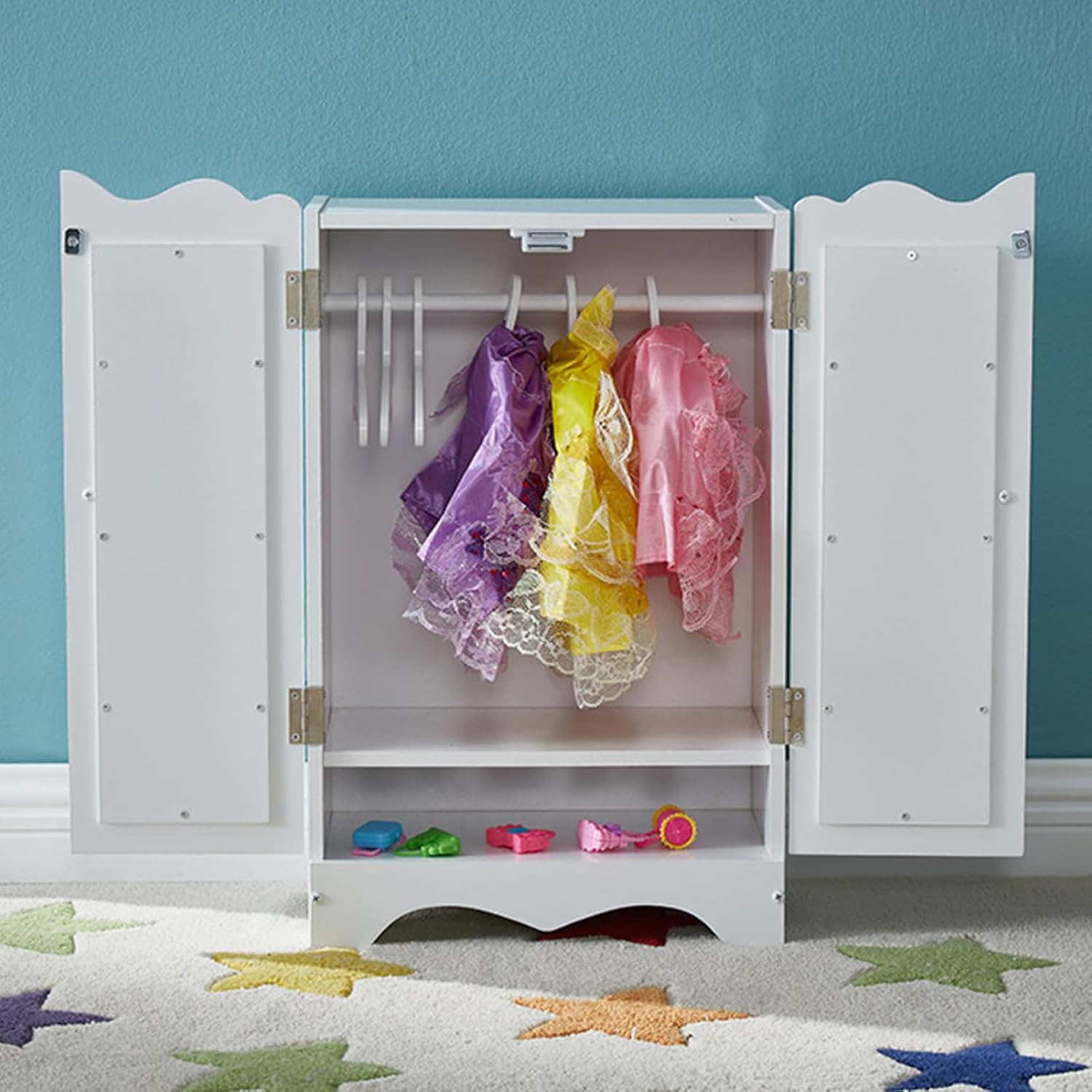LIZEALUCKY Wooden Doll Closet, White 18 Inch 6 Hangers with Mirror Baby Doll Clothes Storage Furniture Wardrobe Accessories for Over 3 Years Kids