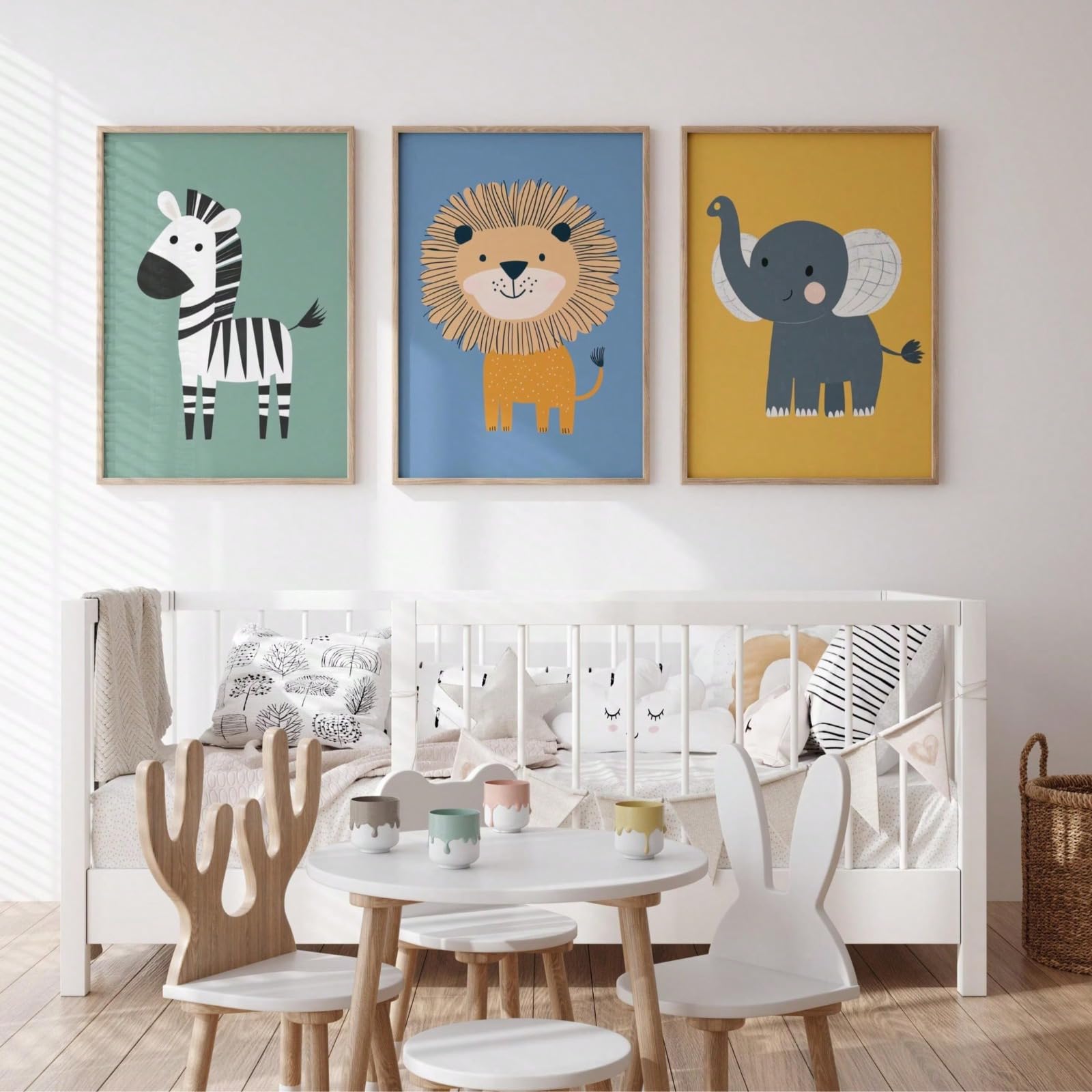ZBELLO Cute Kids Safari Animal Wall Art Set of 3, Zebra Lion & Elephant Prints, Nursery Bedroom Decor, Unframed (21x30cm)