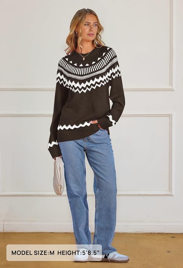 MEROKEETY Women's 2026 Fall Winter Fair Isle Argyle Pullover Sweater Striped Crew Neck Long Sleeve Vintage Knit Tops, Coffee, Large by MEROKEETY - Image 7